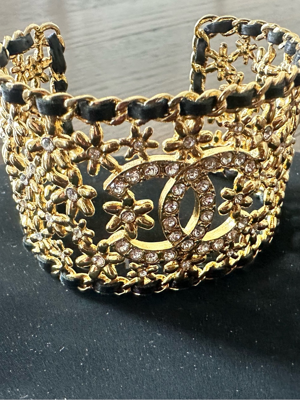 CHANEL Gold Crystal CC Filigree Cuff Bracelet with Black Leather Weave - Picture 2 of 5